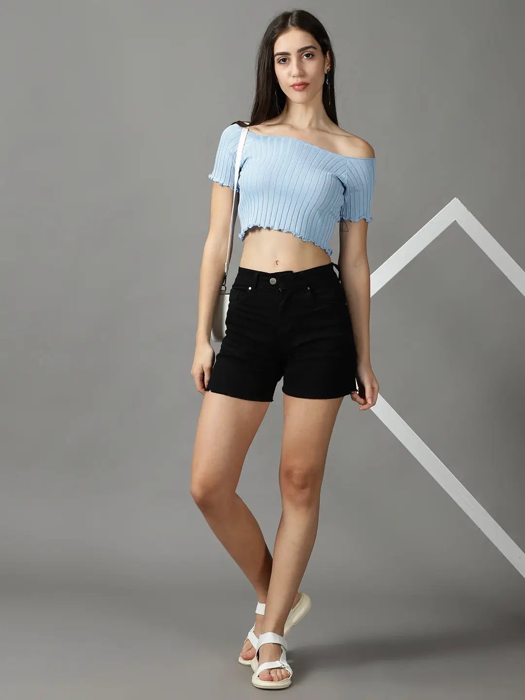 Women's Blue Solid Fitted Crop Top