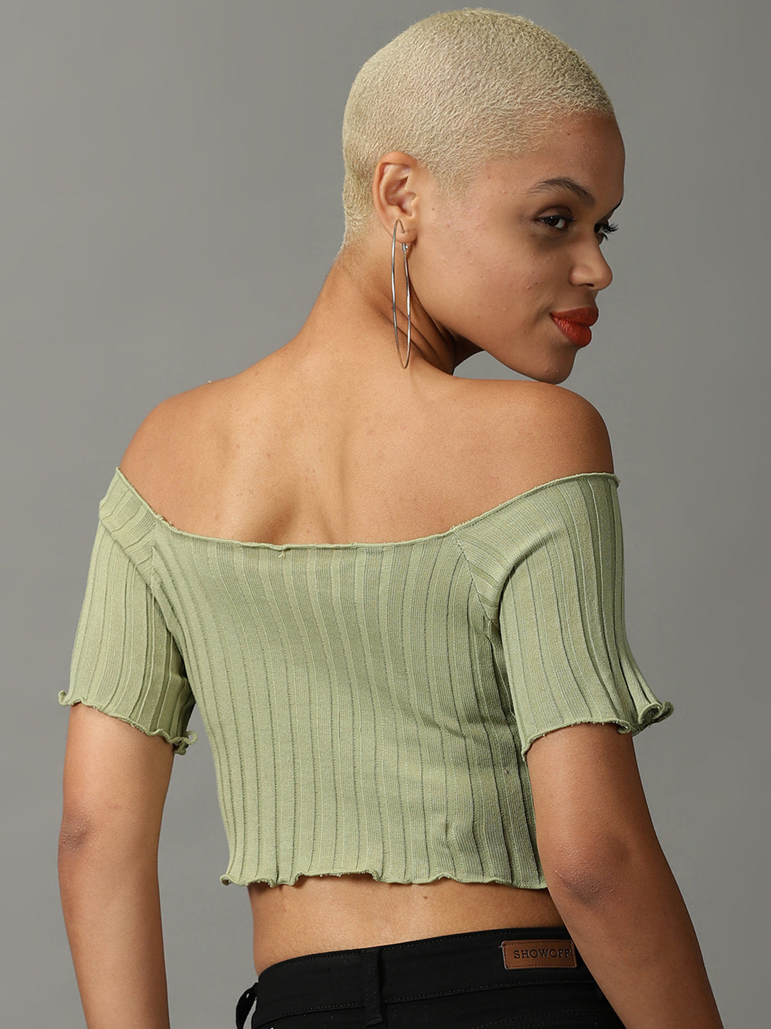 Women's Green Solid Fitted Crop Top