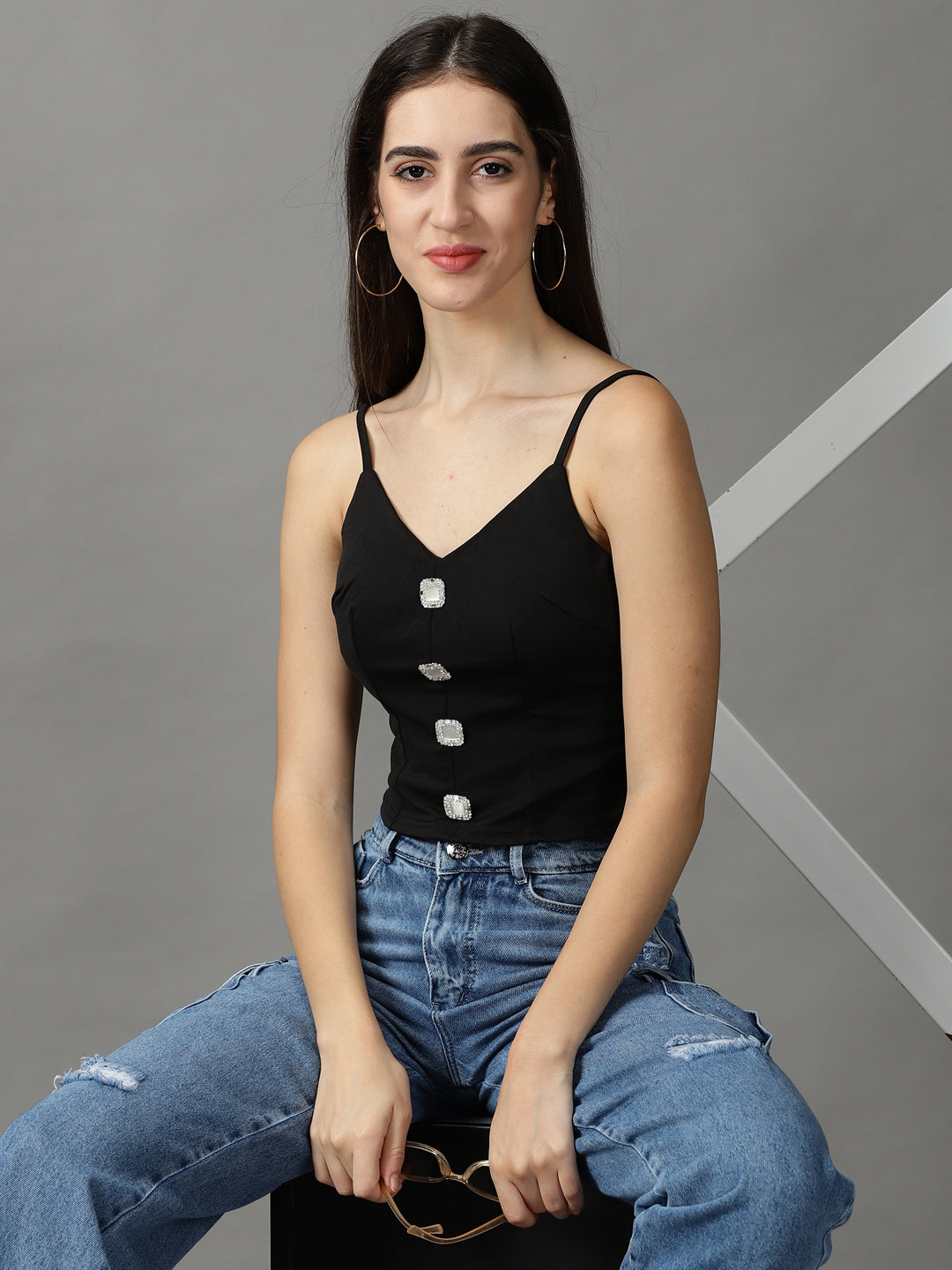 Women's Black Solid Fitted Crop Top