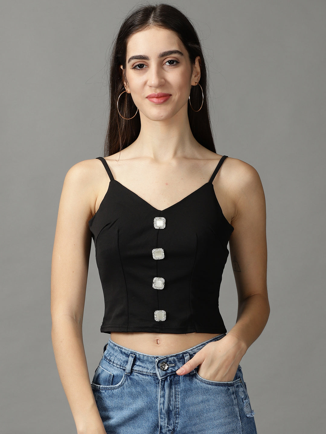 Women's Black Solid Fitted Crop Top