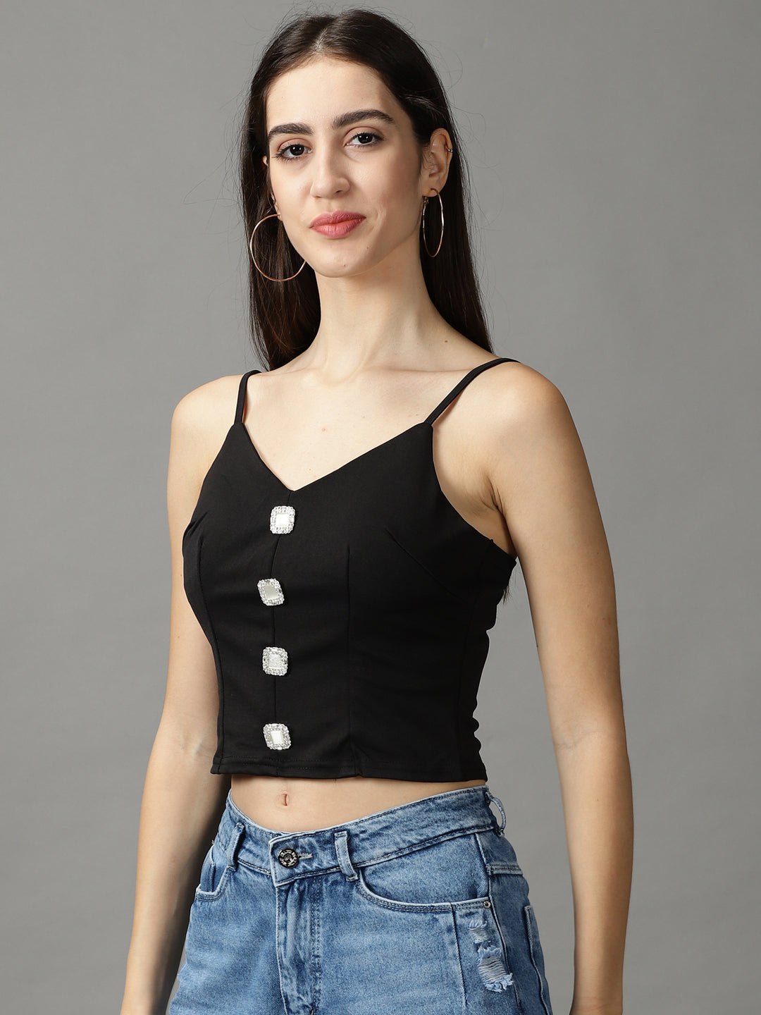 Women's Black Solid Fitted Crop Top