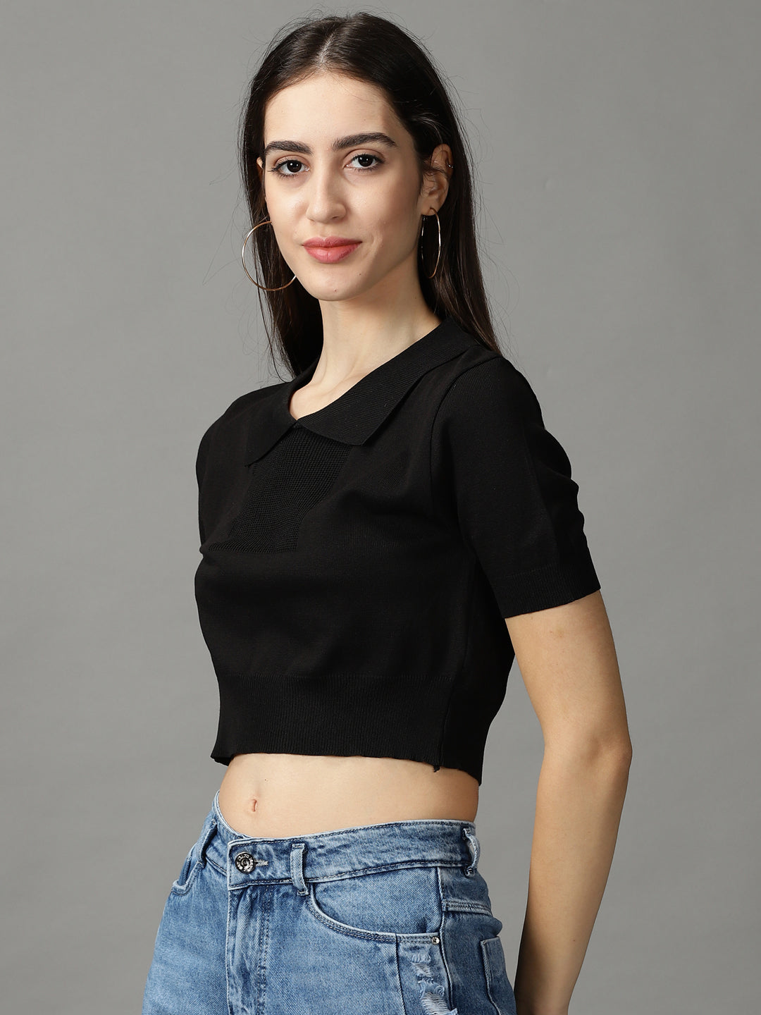 Women's Black Solid Fitted Crop Top