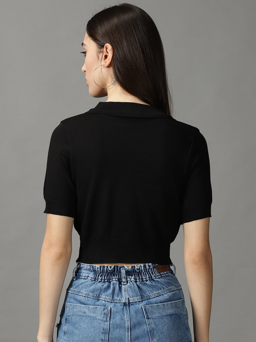 Women's Black Solid Fitted Crop Top