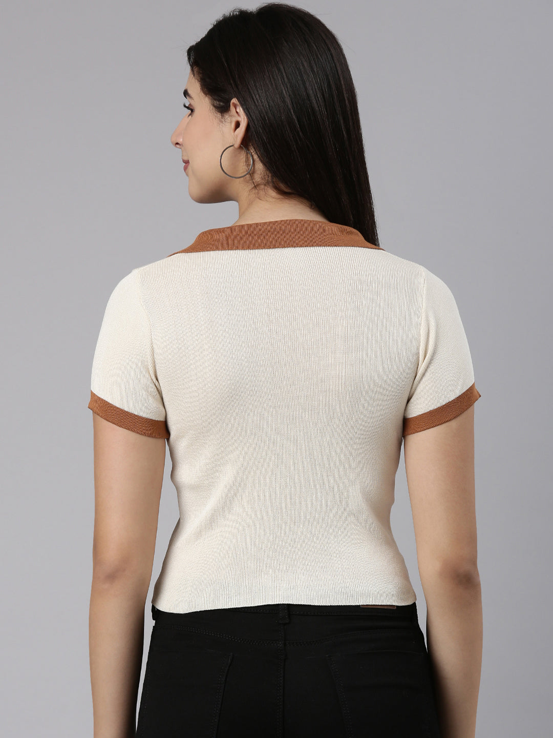 Women Above the Keyboard Collar Solid Beige Crop Top