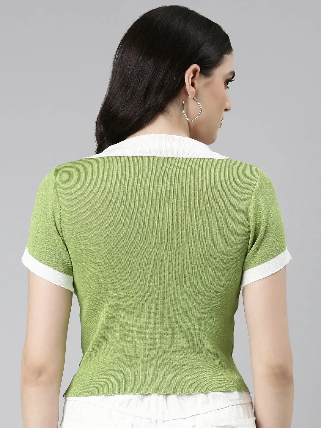 Women's Above the Keyboard Collar Solid Green Regular Top