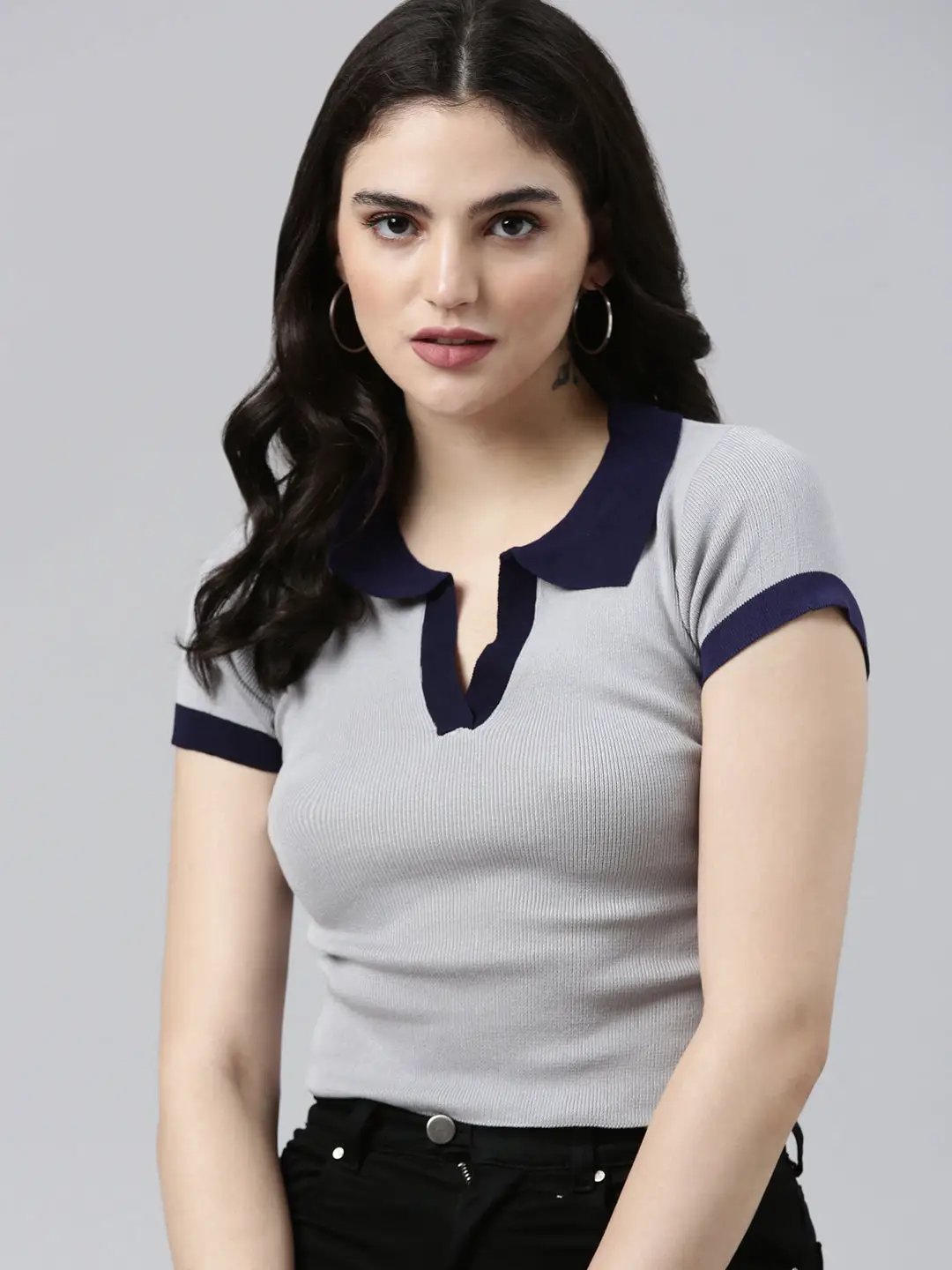 Women's Above the Keyboard Collar Solid Grey Crop Top