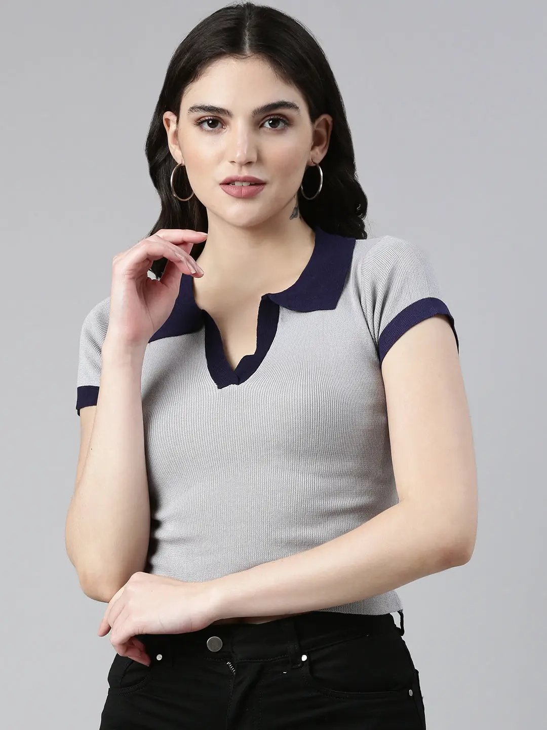 Women's Above the Keyboard Collar Solid Grey Crop Top