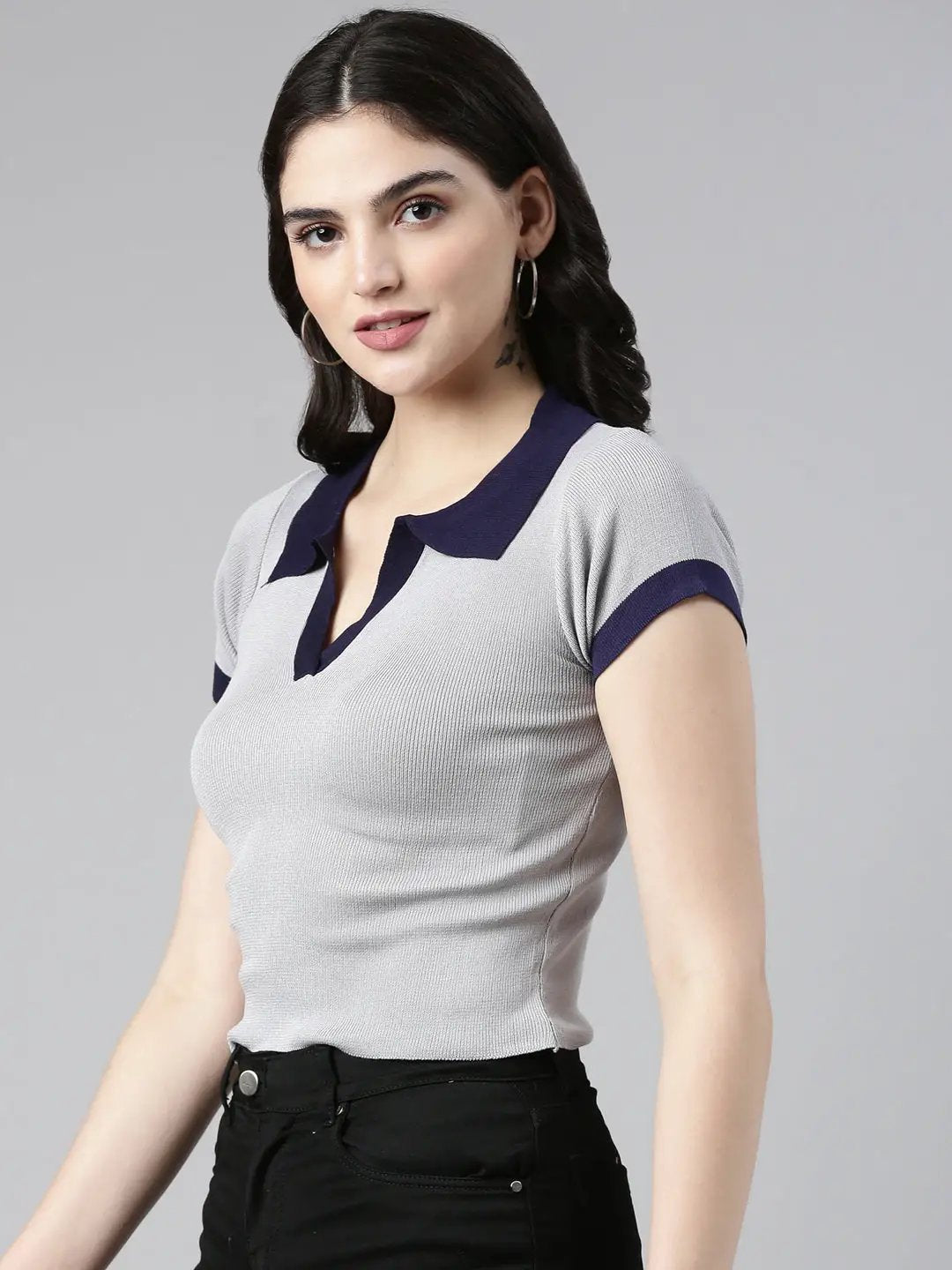 Women's Above the Keyboard Collar Solid Grey Crop Top