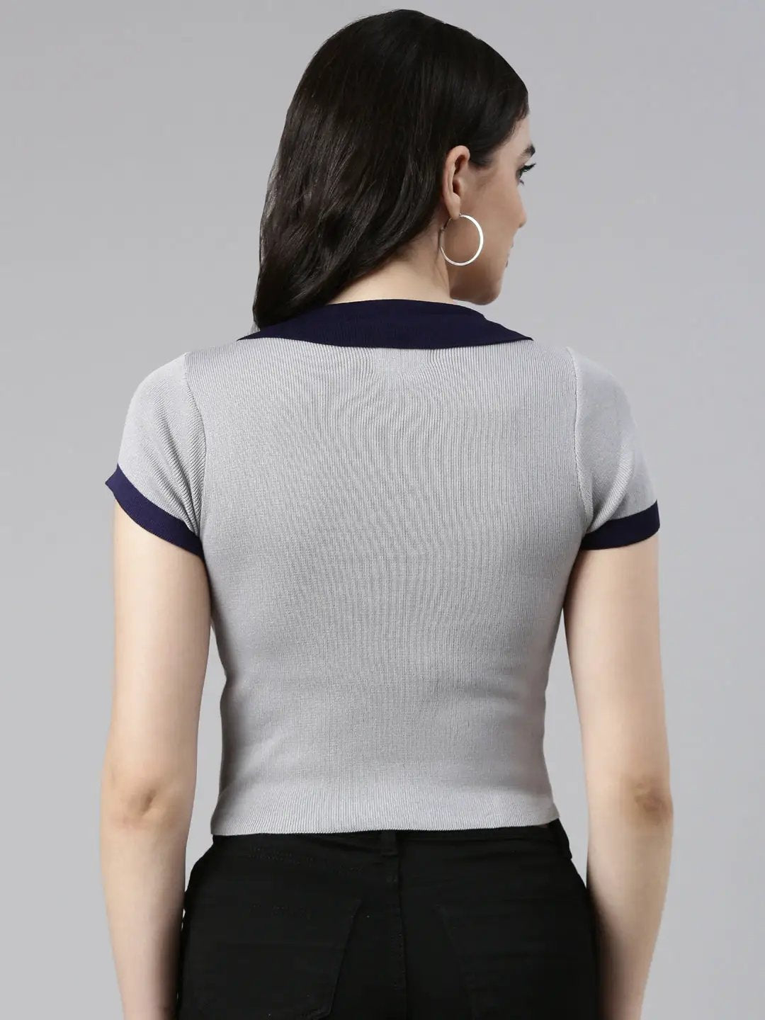 Women's Above the Keyboard Collar Solid Grey Crop Top