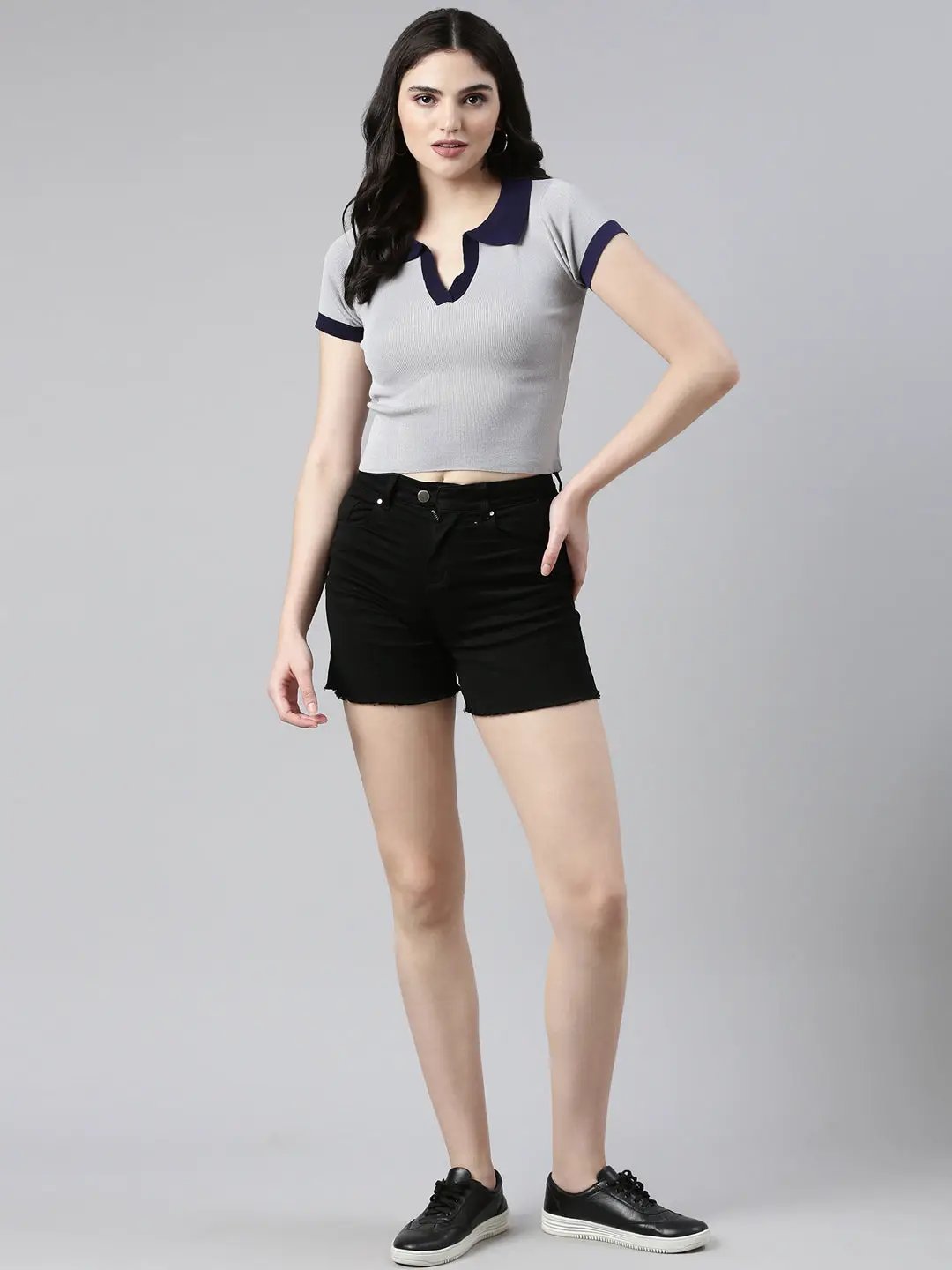 Women's Above the Keyboard Collar Solid Grey Crop Top