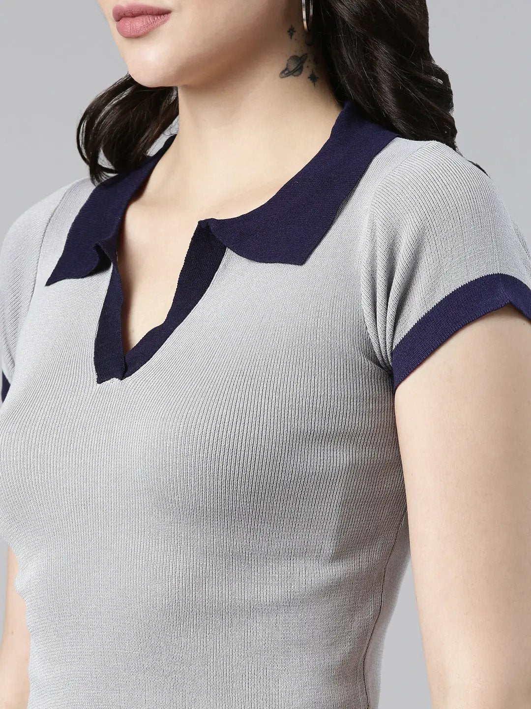 Women's Above the Keyboard Collar Solid Grey Crop Top