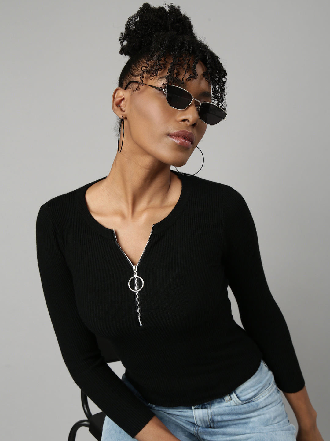 Women Black Solid Fitted Top