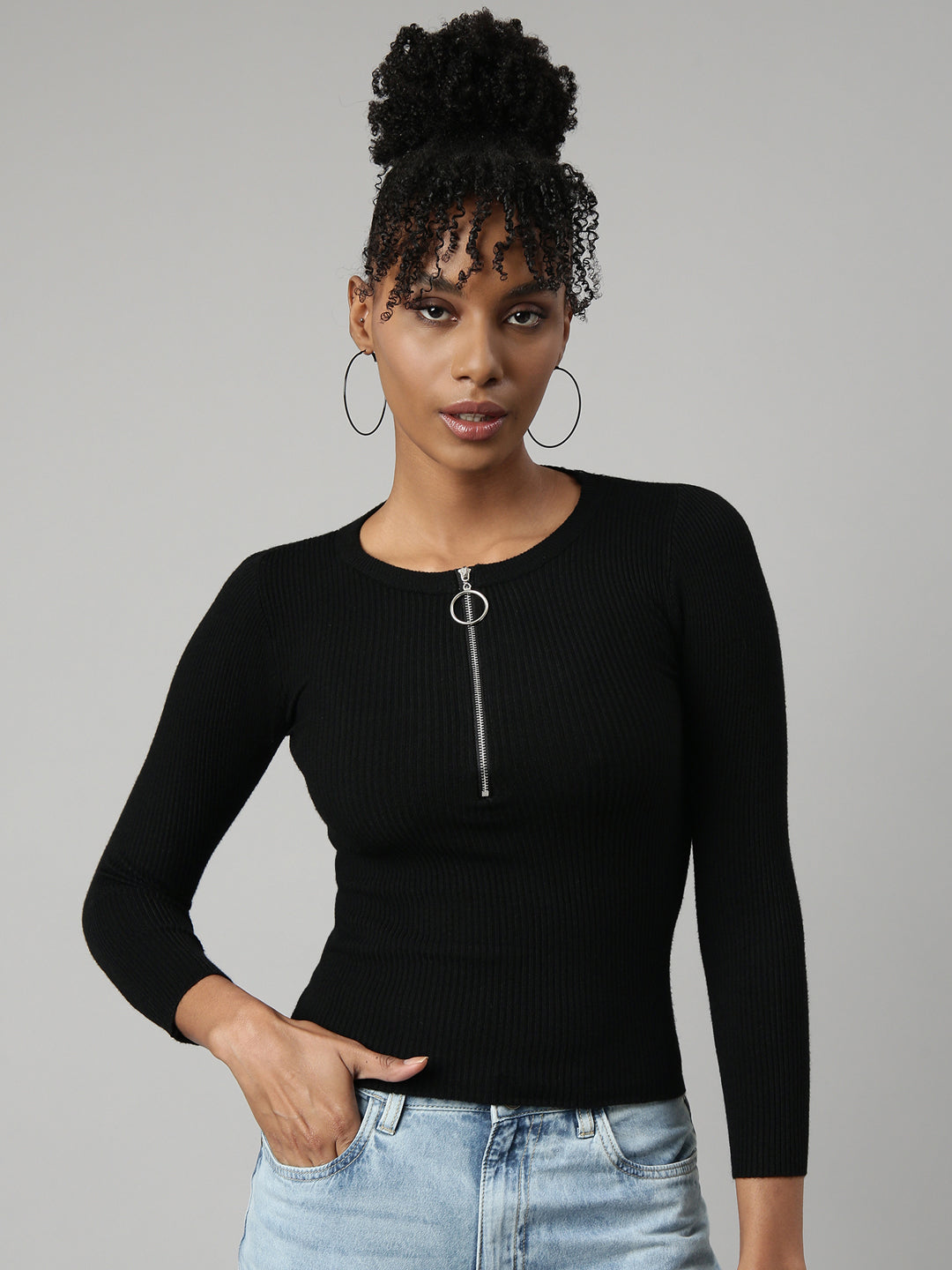 Women Black Solid Fitted Top