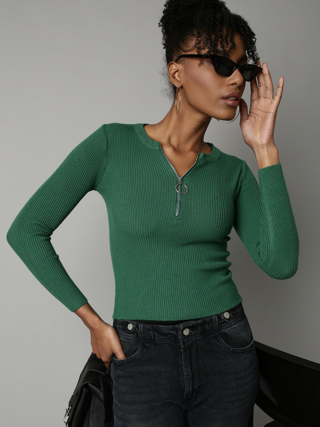 Women Green Solid Fitted Top