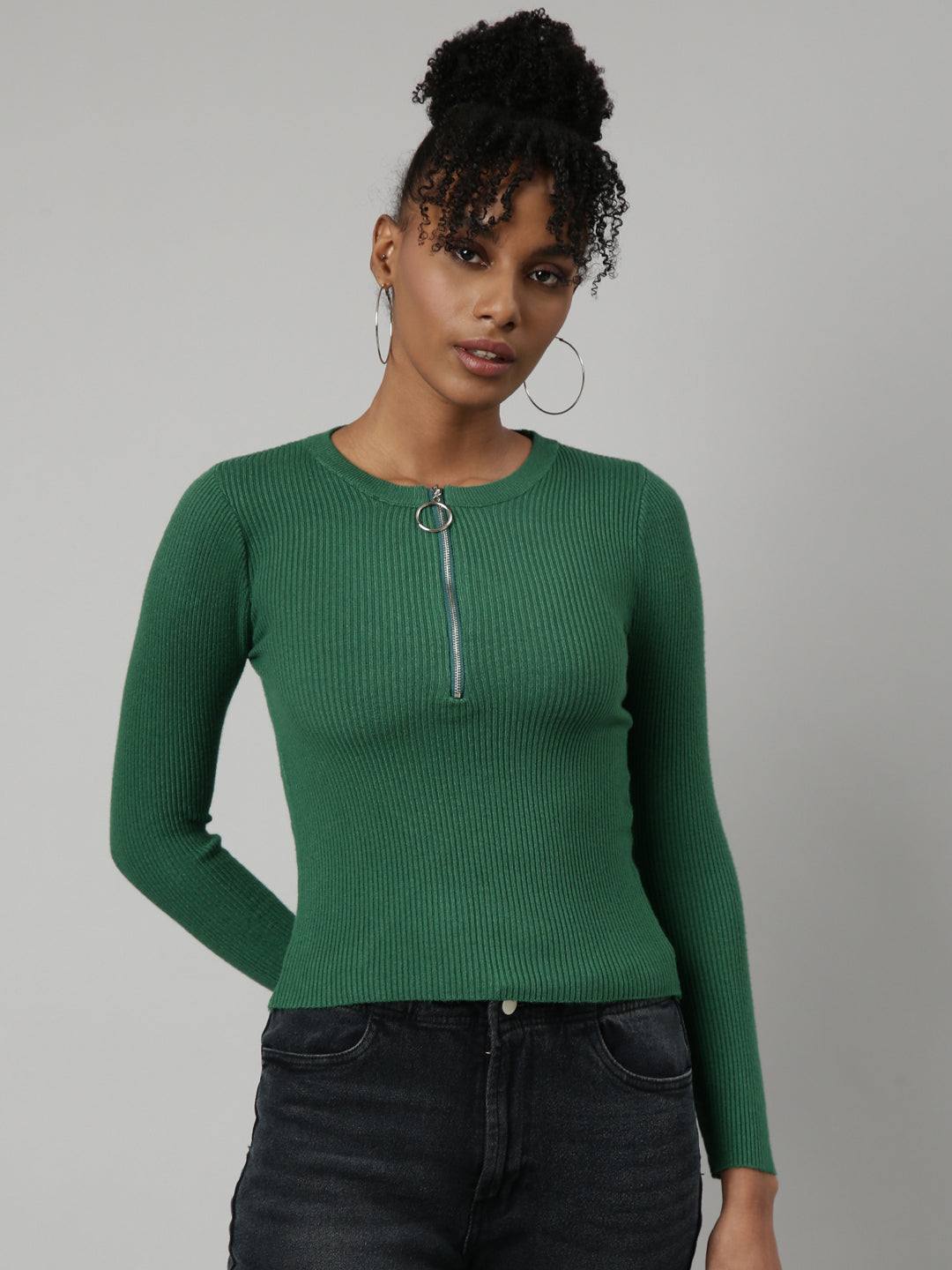 Women Green Solid Fitted Top