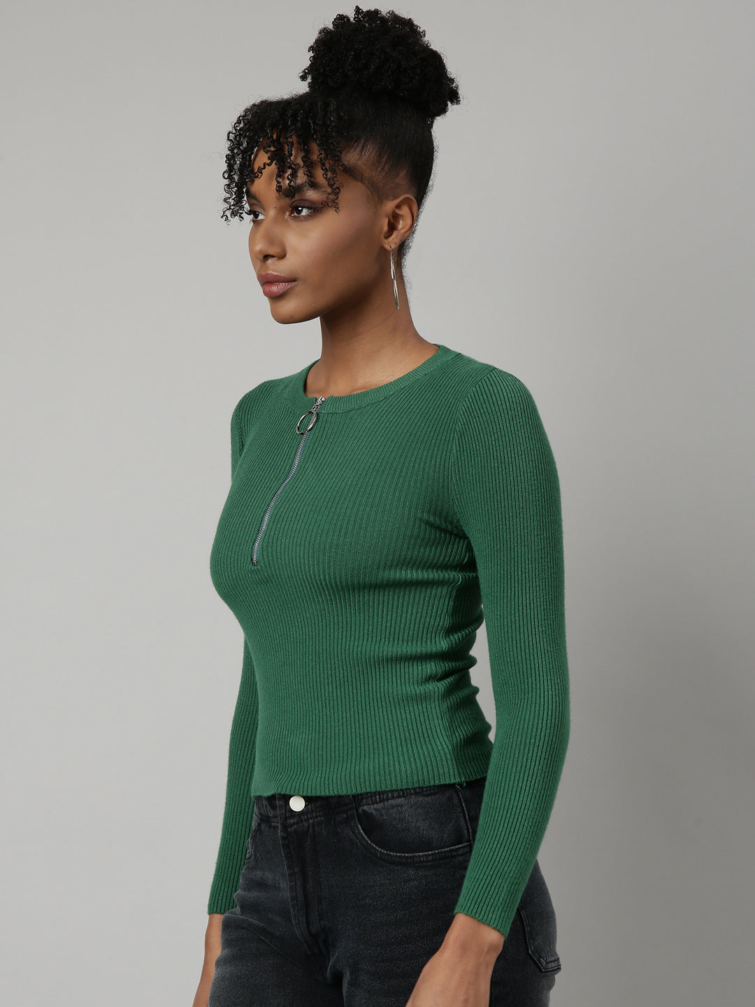 Women Green Solid Fitted Top