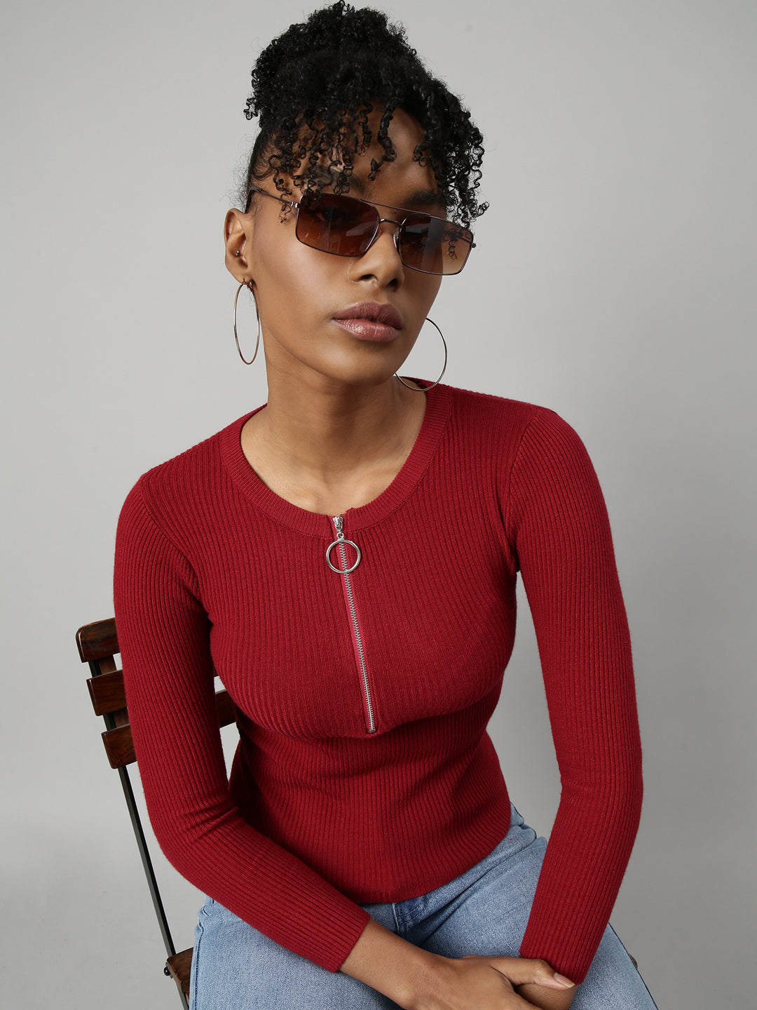 Women Maroon Solid Fitted Top