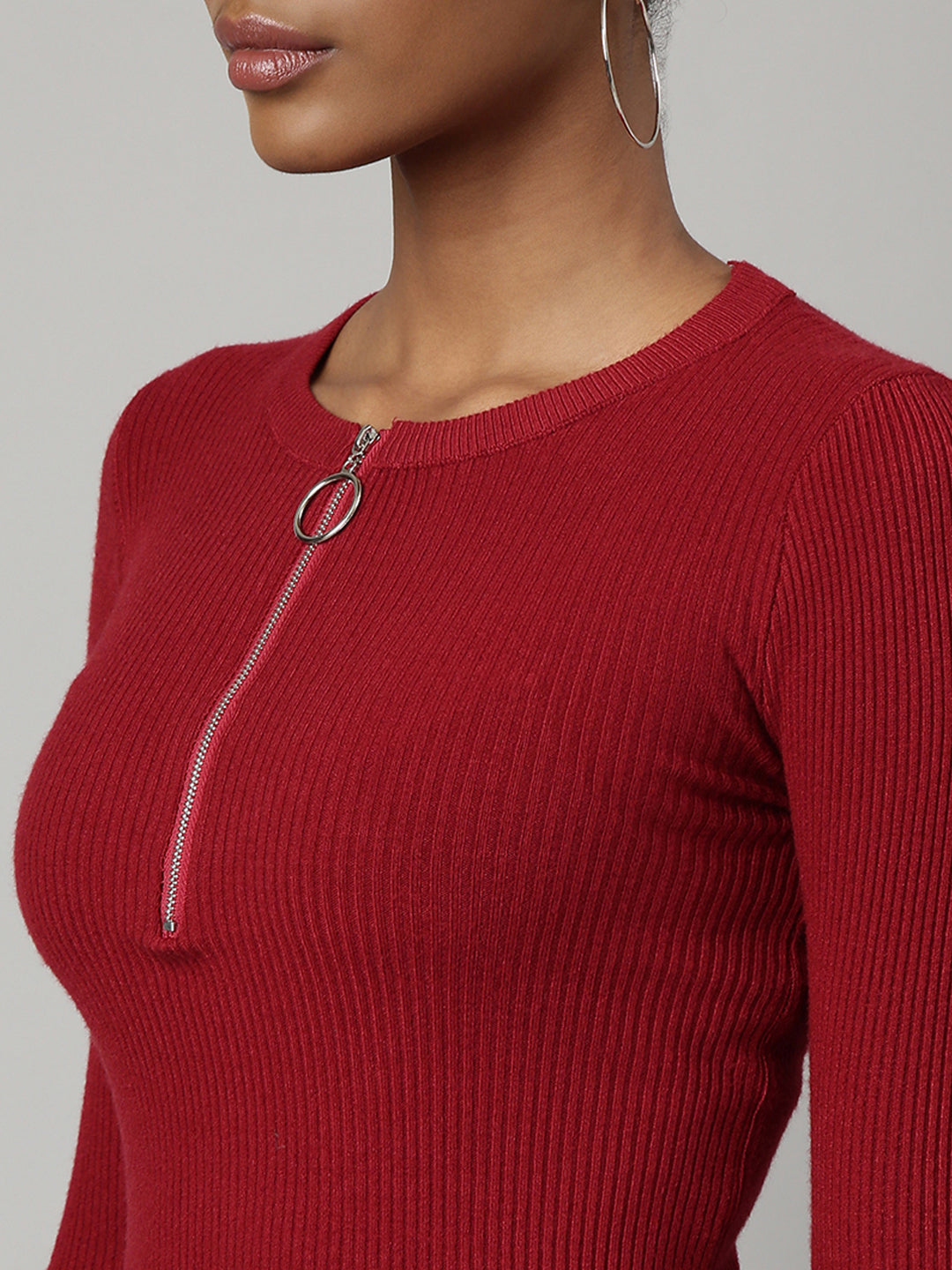 Women Maroon Solid Fitted Top