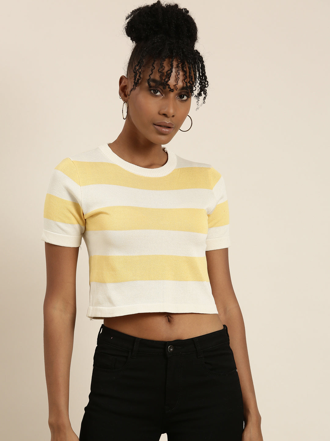 Round Neck Striped Cream Crop Top