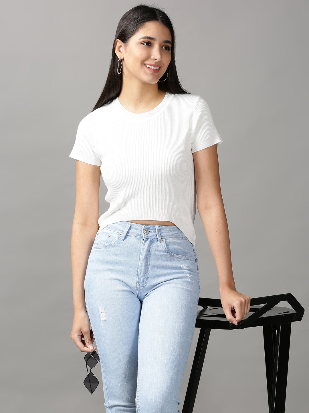 Women's White Solid High-Low Top