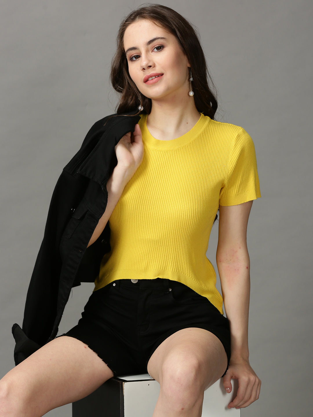 Women's Yellow Solid High-Low Top