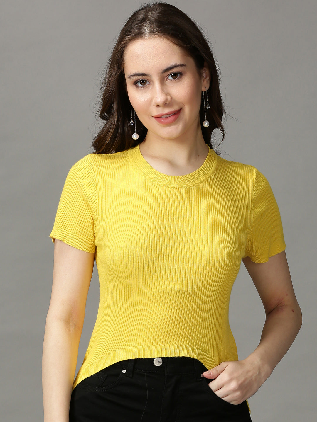 Women's Yellow Solid High-Low Top