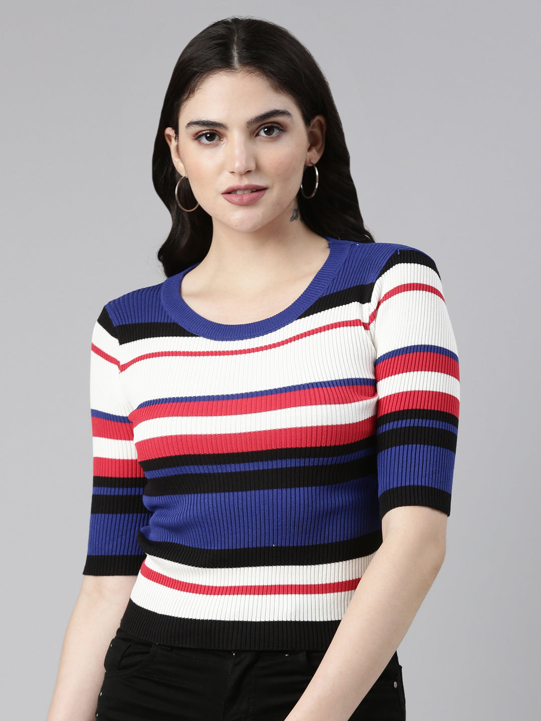 Women's Round Neck Colourblocked Blue Fitted Regular Top