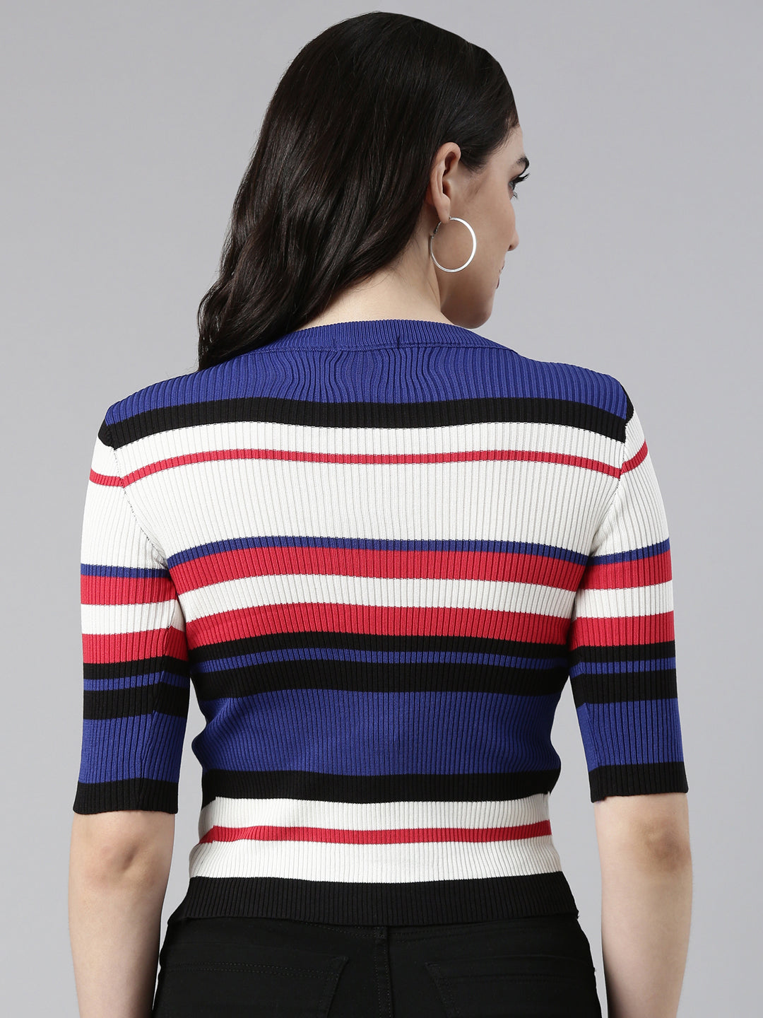 Women's Round Neck Colourblocked Blue Fitted Regular Top