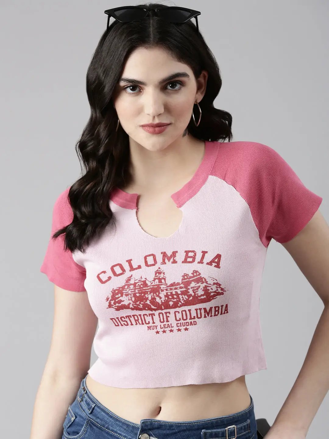 Women's V-Neck Colourblocked Raglan Sleeves Pink Crop Top