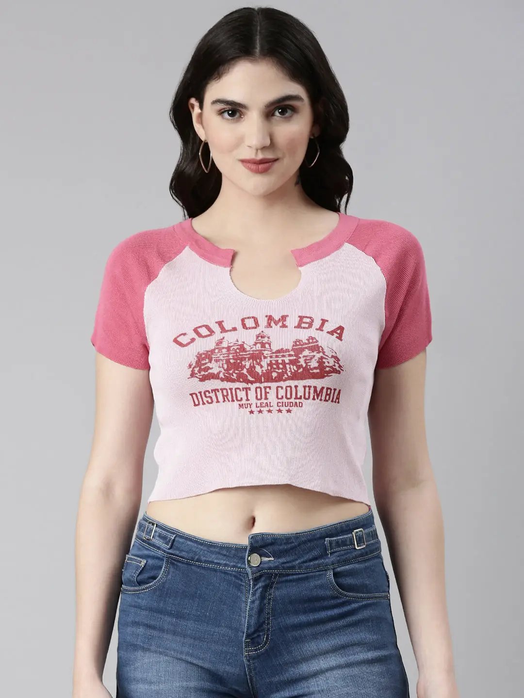 Women's V-Neck Colourblocked Raglan Sleeves Pink Crop Top