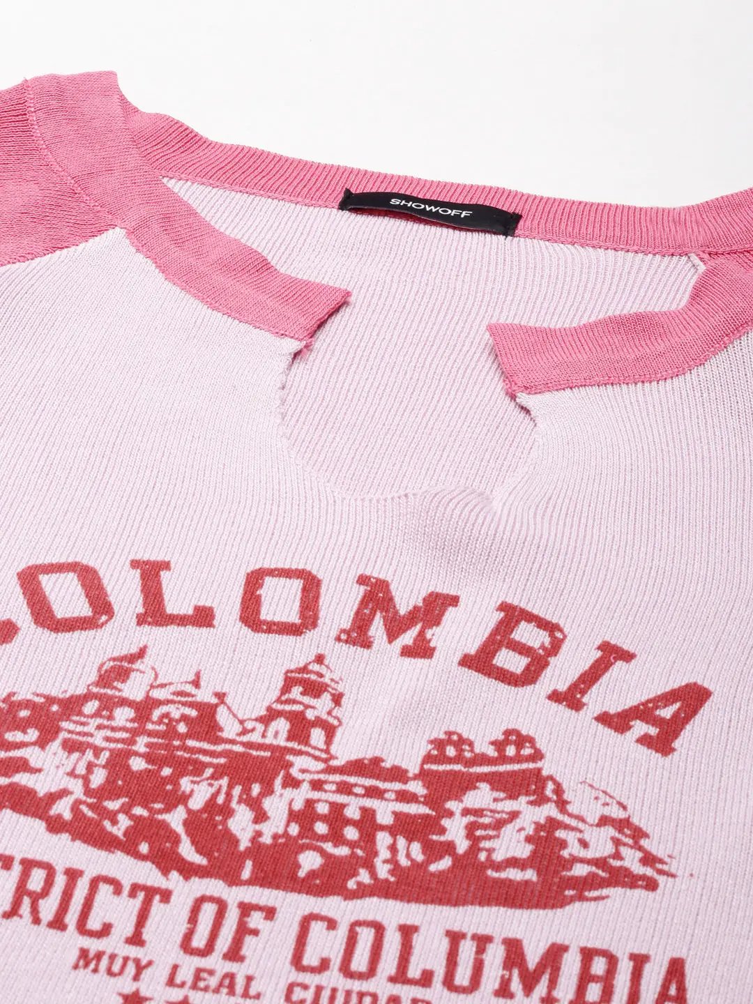 Women's V-Neck Colourblocked Raglan Sleeves Pink Crop Top
