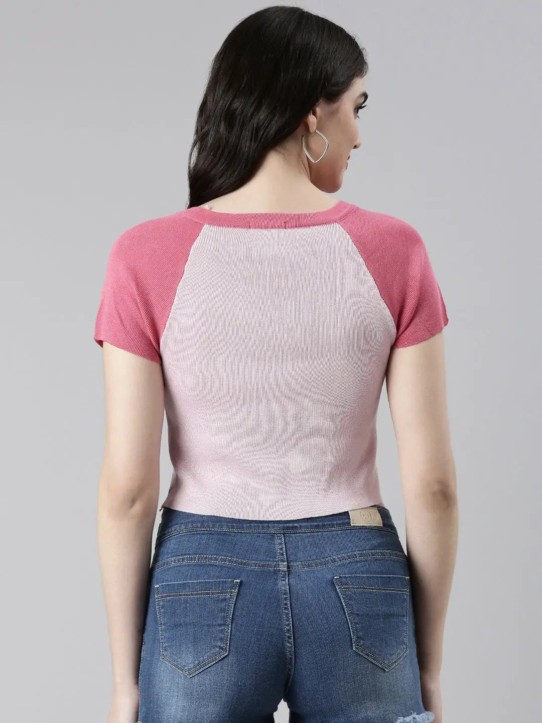 Women's V-Neck Colourblocked Raglan Sleeves Pink Crop Top