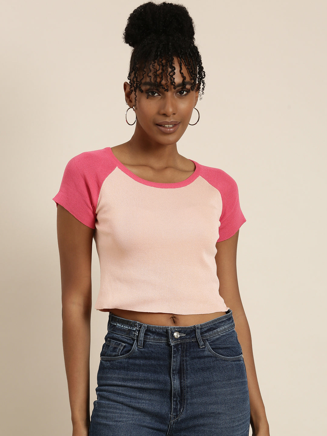 Round Neck Colourblocked Raglan Sleeves Peach Crop Top