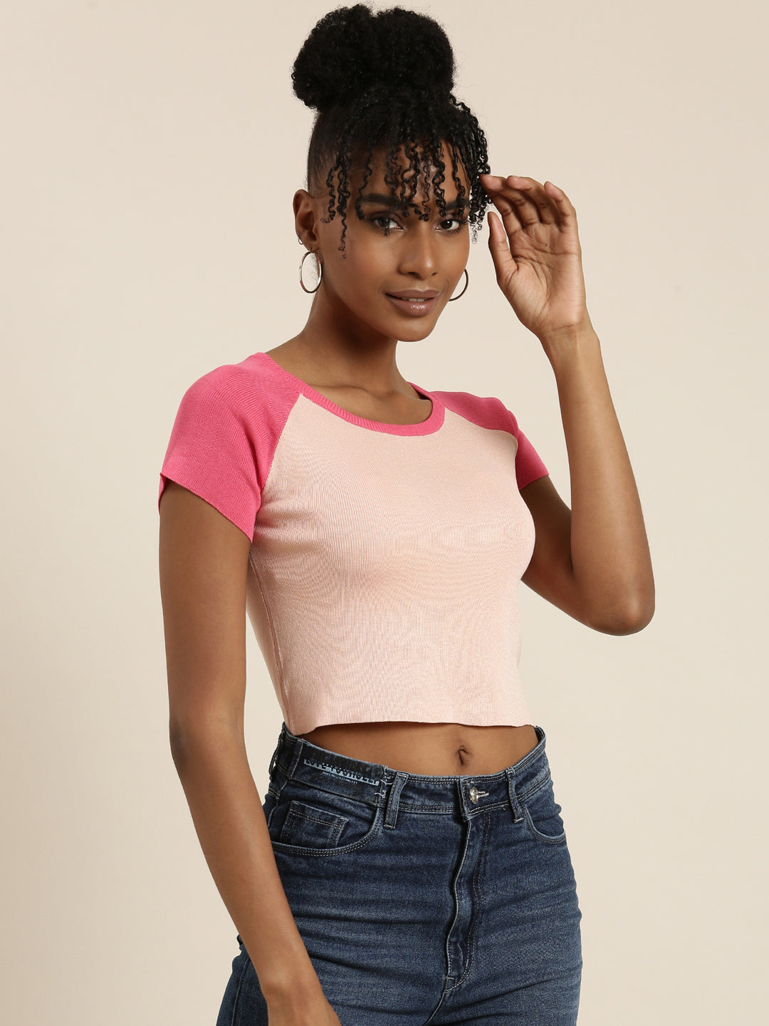 Round Neck Colourblocked Raglan Sleeves Peach Crop Top