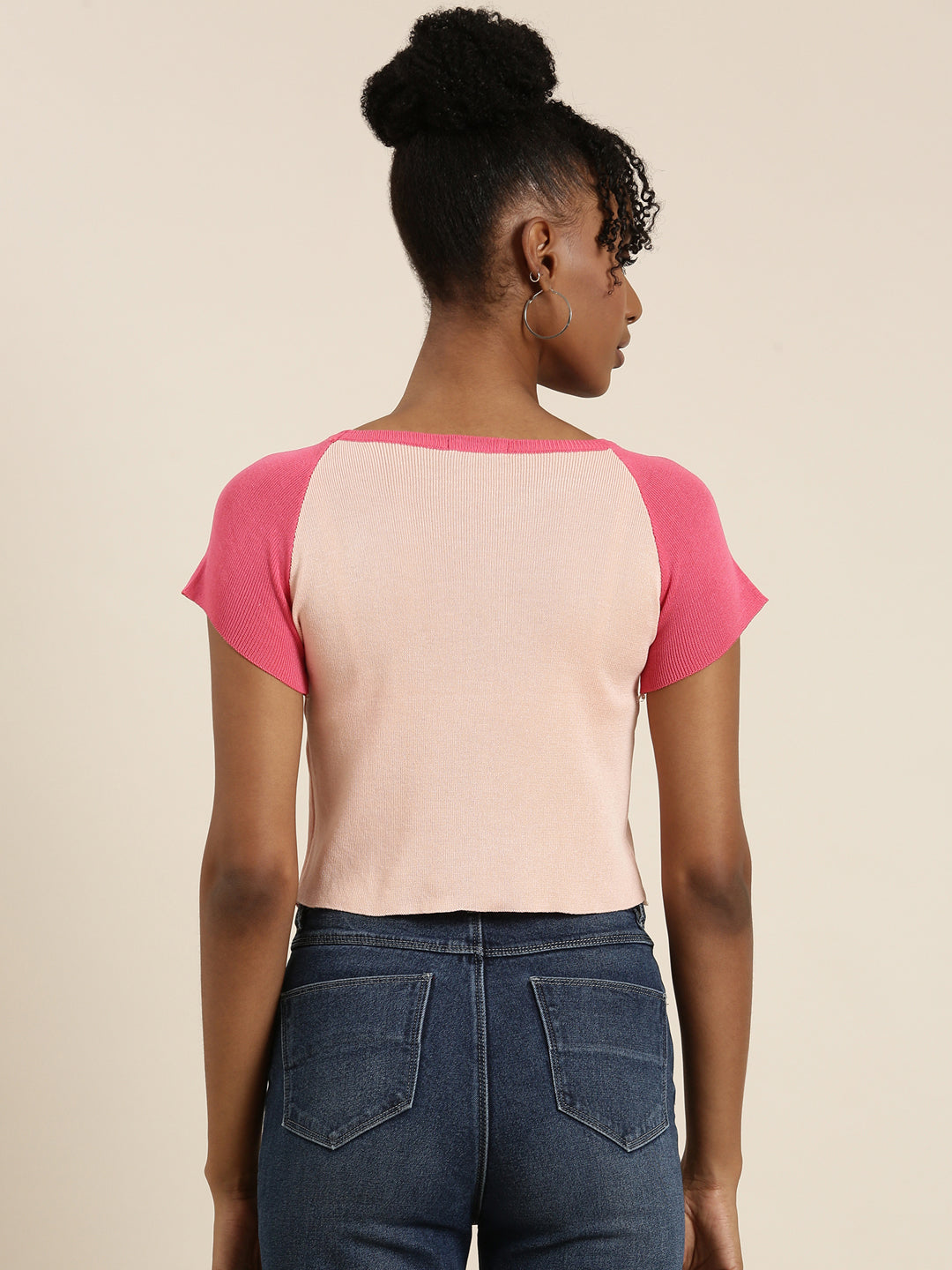 Round Neck Colourblocked Raglan Sleeves Peach Crop Top