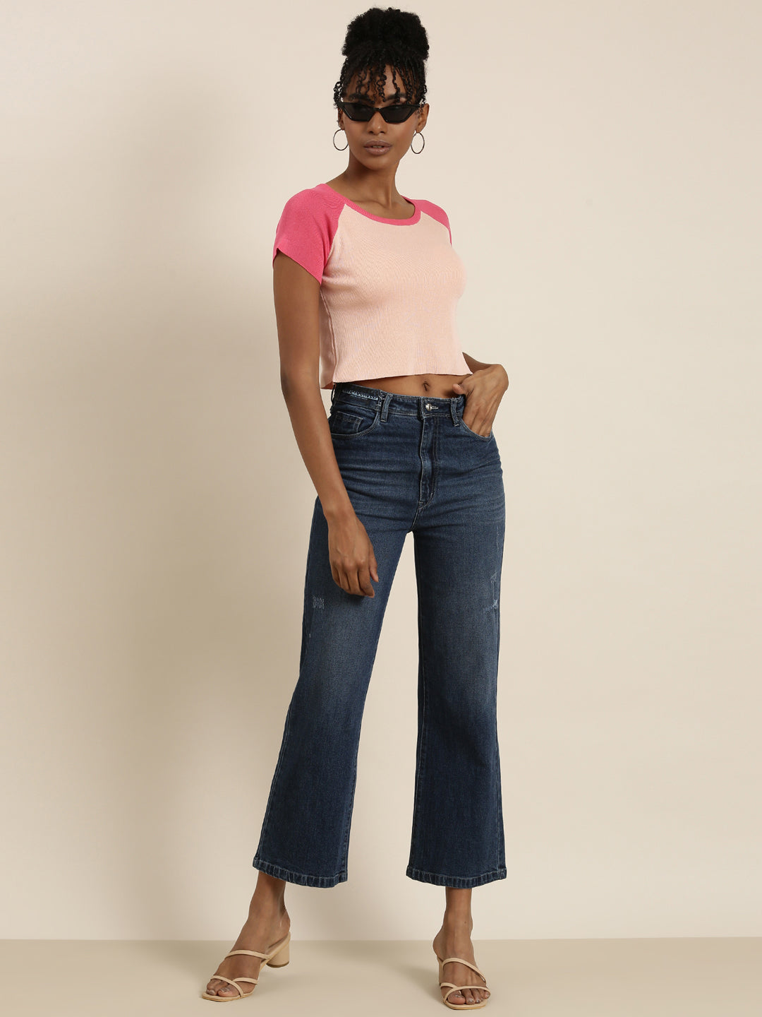 Round Neck Colourblocked Raglan Sleeves Peach Crop Top