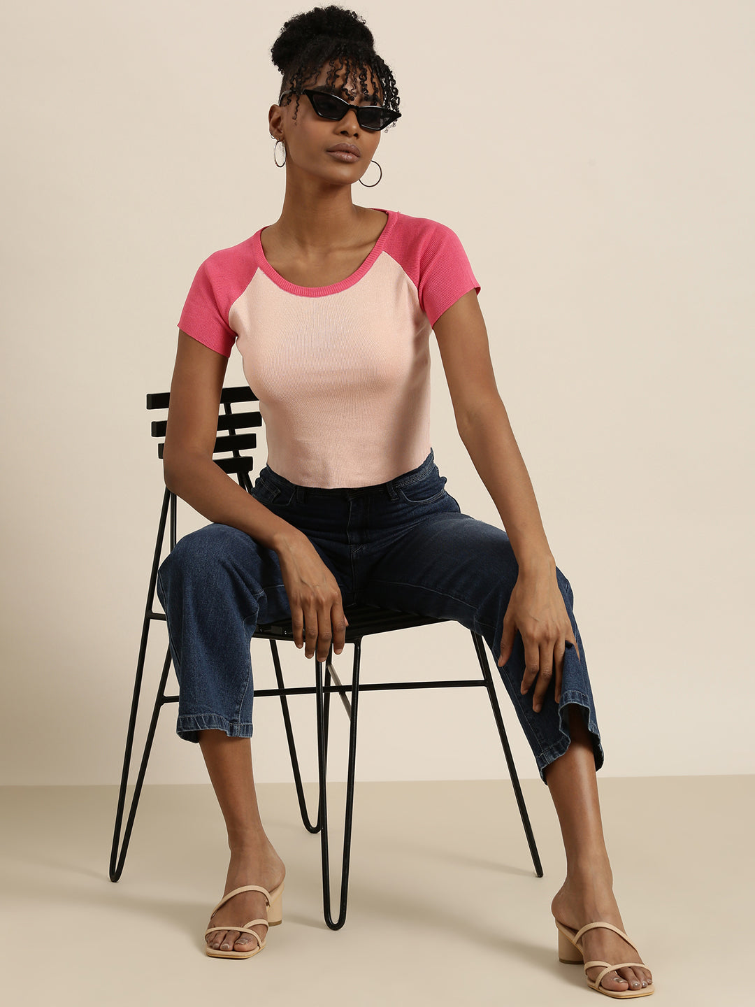 Round Neck Colourblocked Raglan Sleeves Peach Crop Top