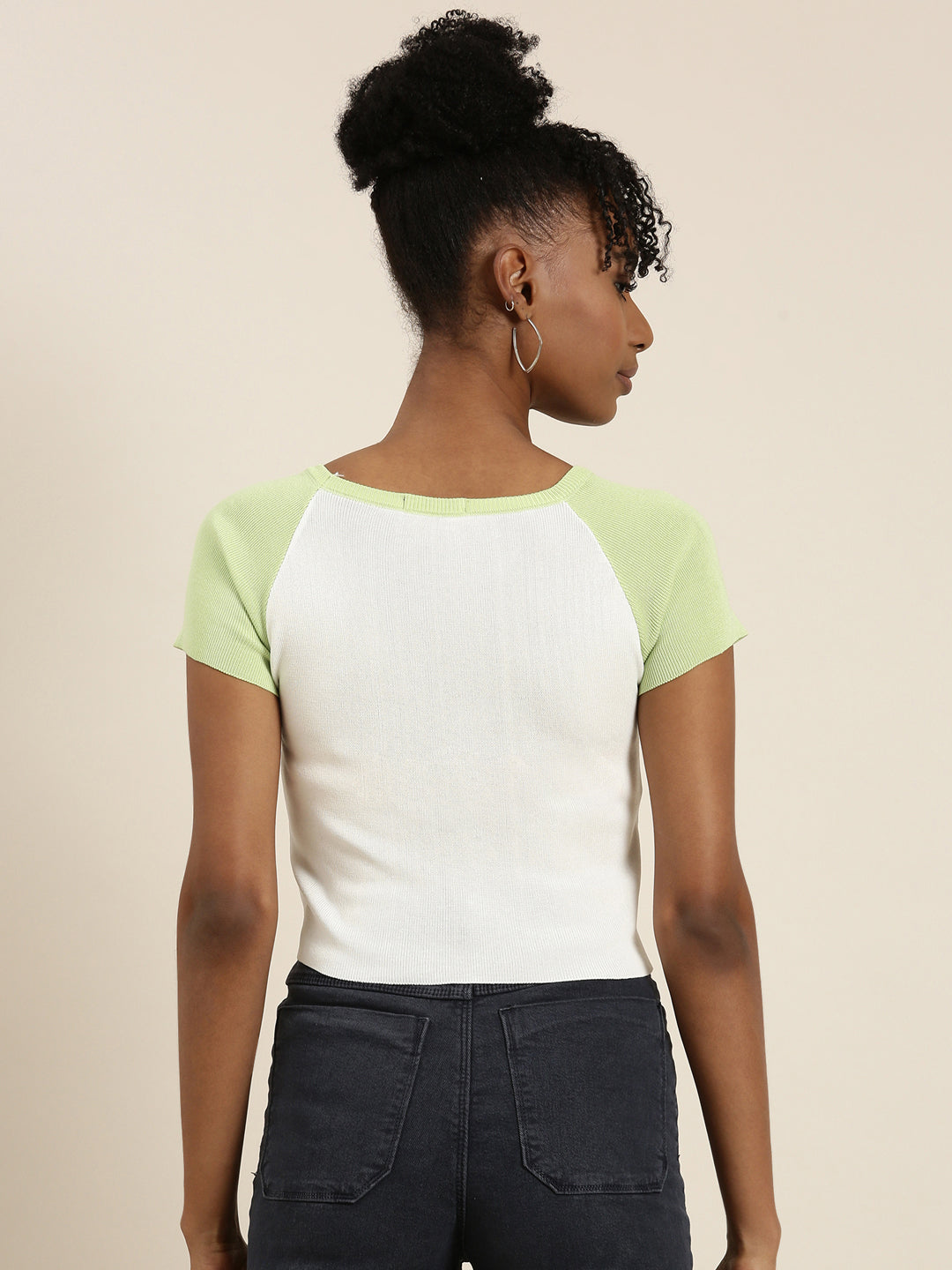 Round Neck Colourblocked Raglan Sleeves White Crop Top