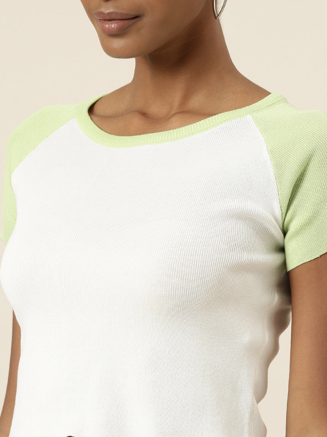 Round Neck Colourblocked Raglan Sleeves White Crop Top