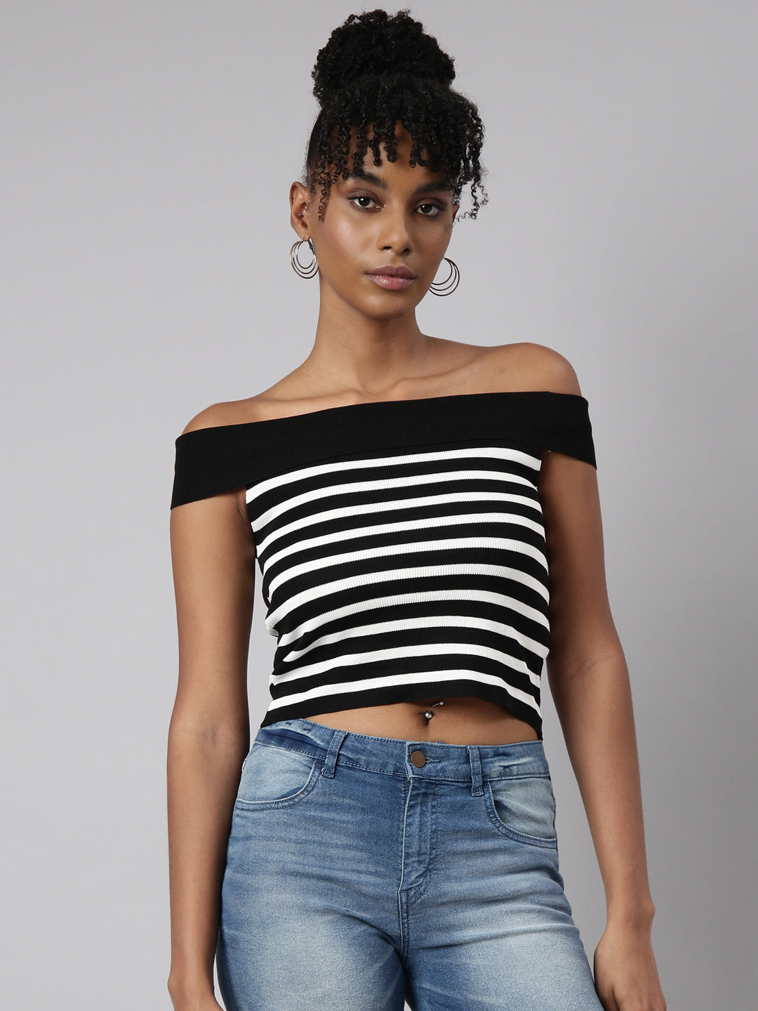 Women Black Horizontal Stripes Fitted Crop Top