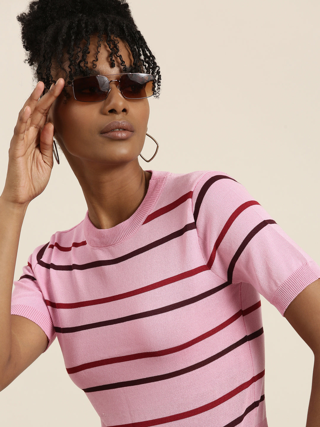 Women's Pink Striped Round Neck Top