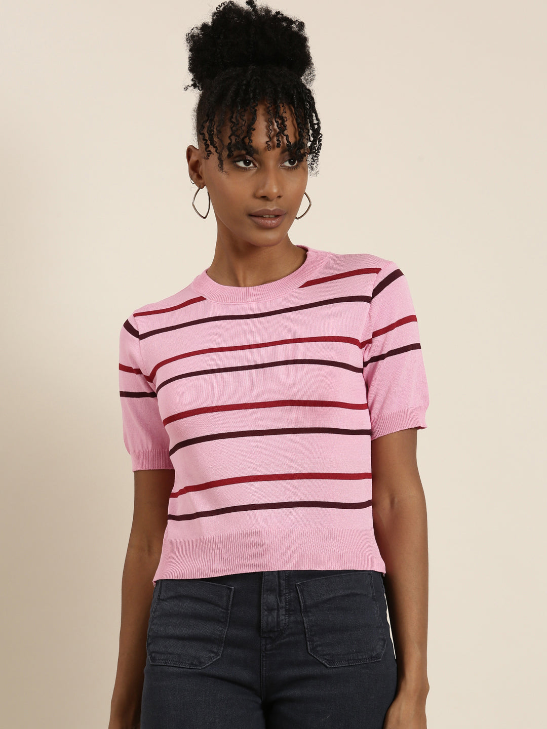 Women's Pink Striped Round Neck Top