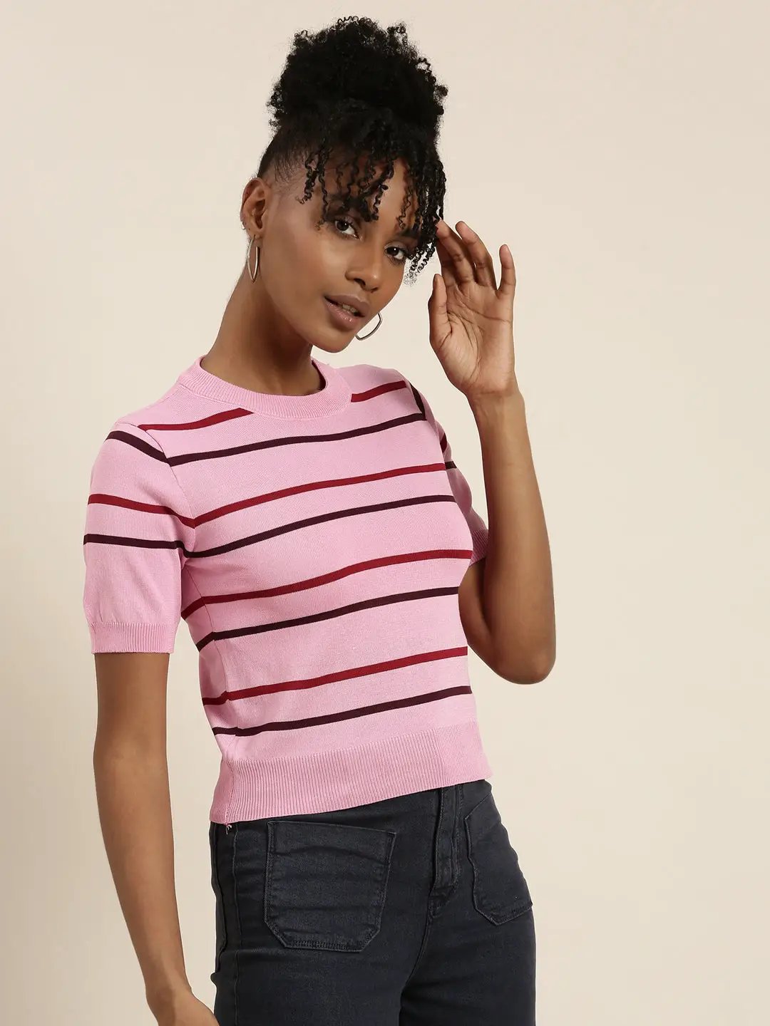 Women's Pink Striped Round Neck Top