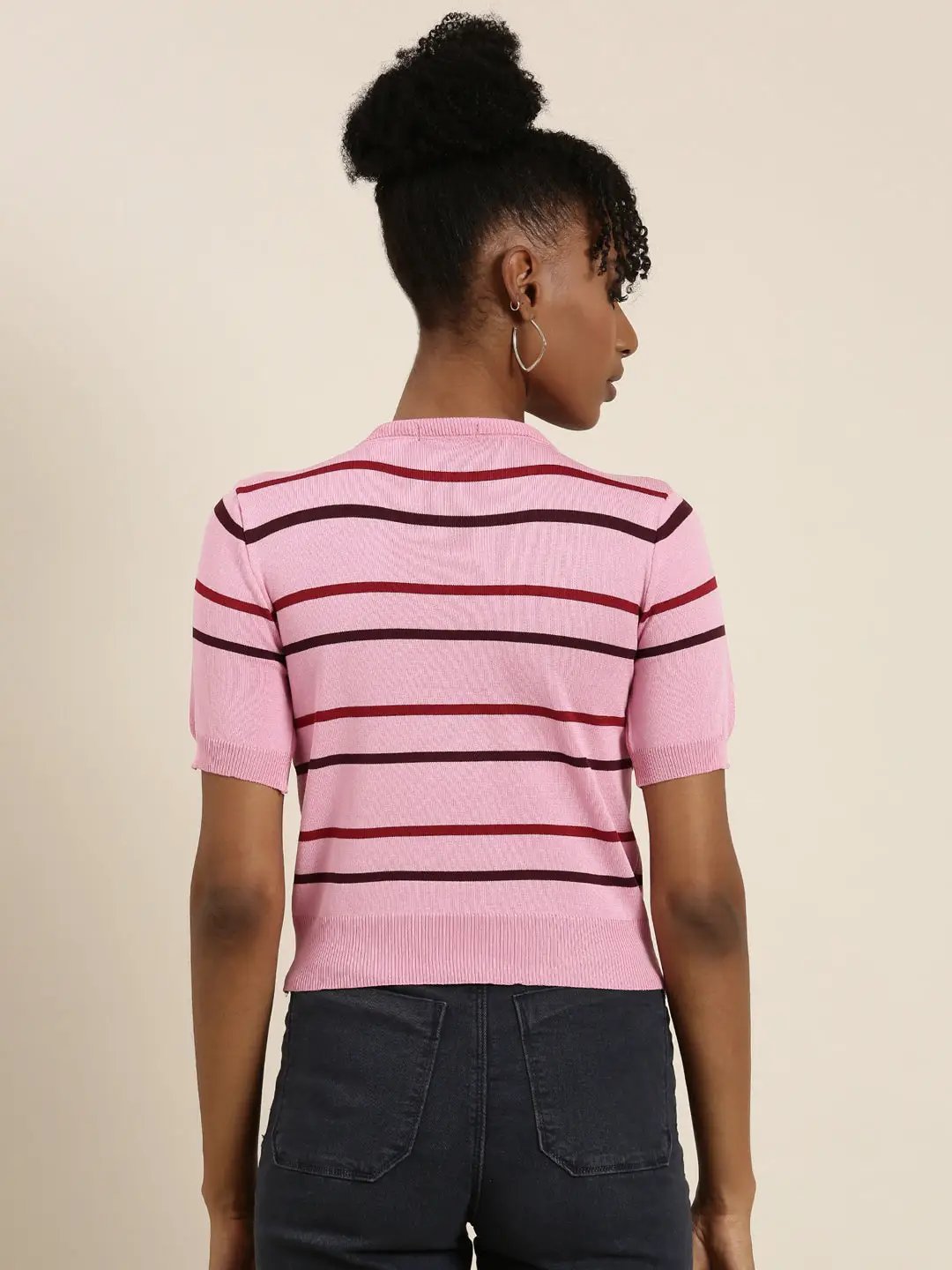 Women's Pink Striped Round Neck Top