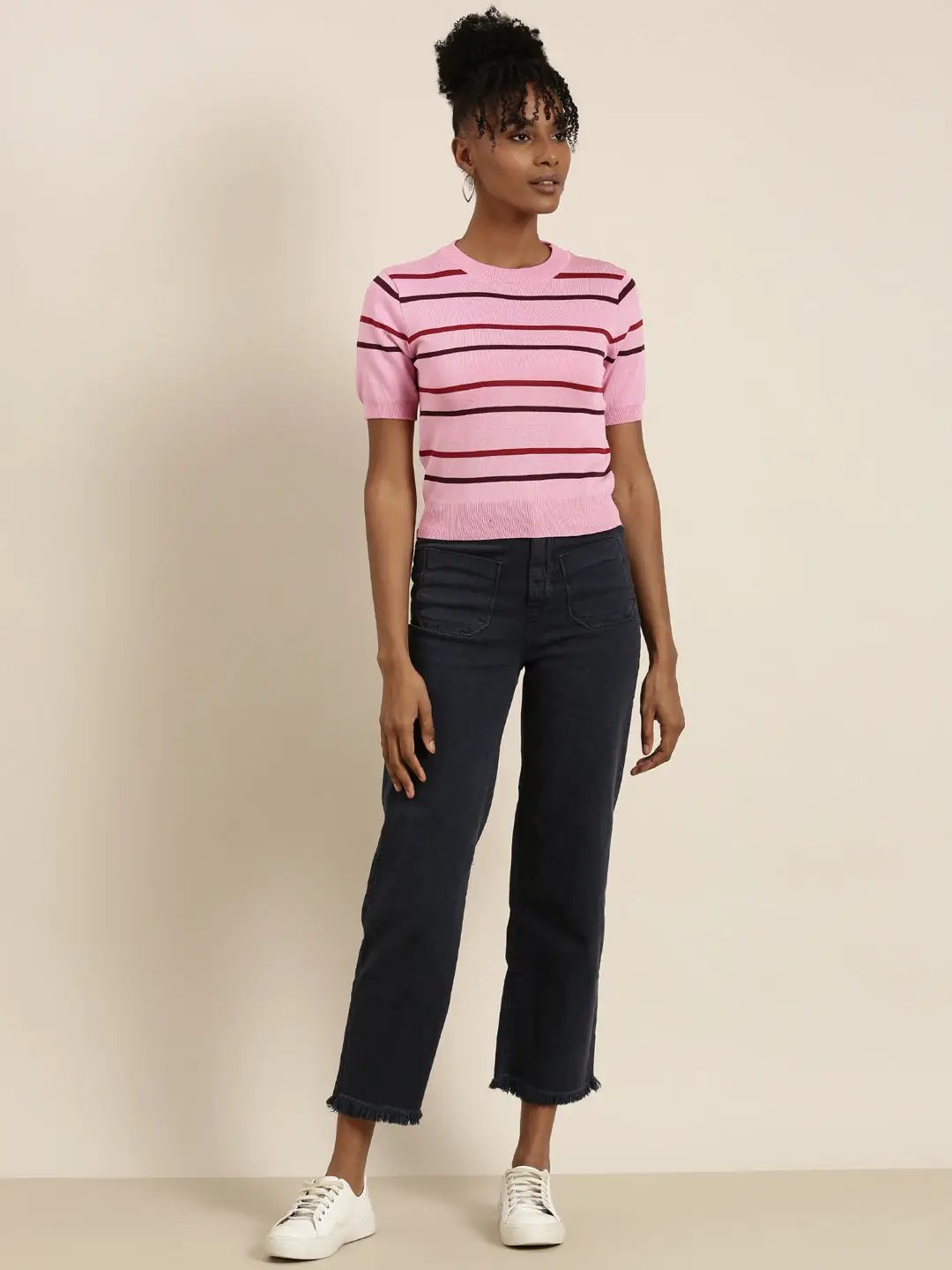 Women's Pink Striped Round Neck Top
