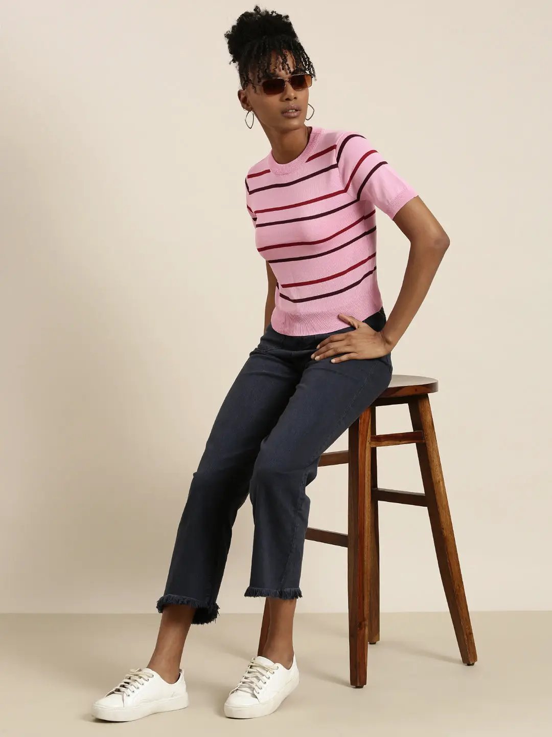 Women's Pink Striped Round Neck Top