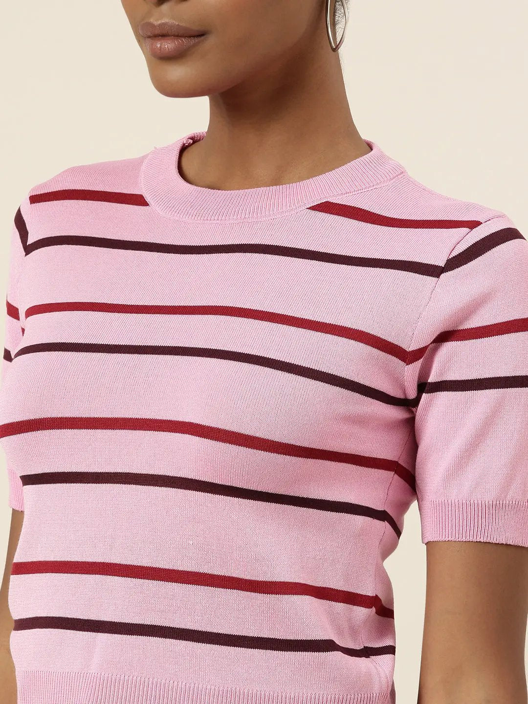 Women's Pink Striped Round Neck Top