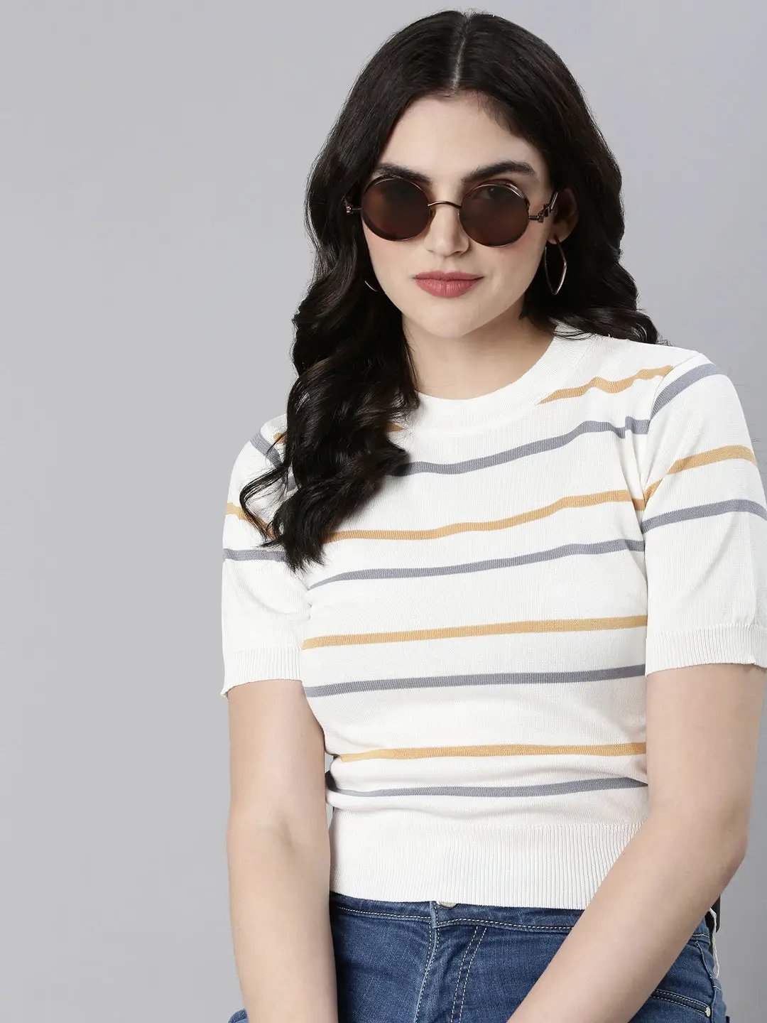 Women's Round Neck Striped White Crop Top