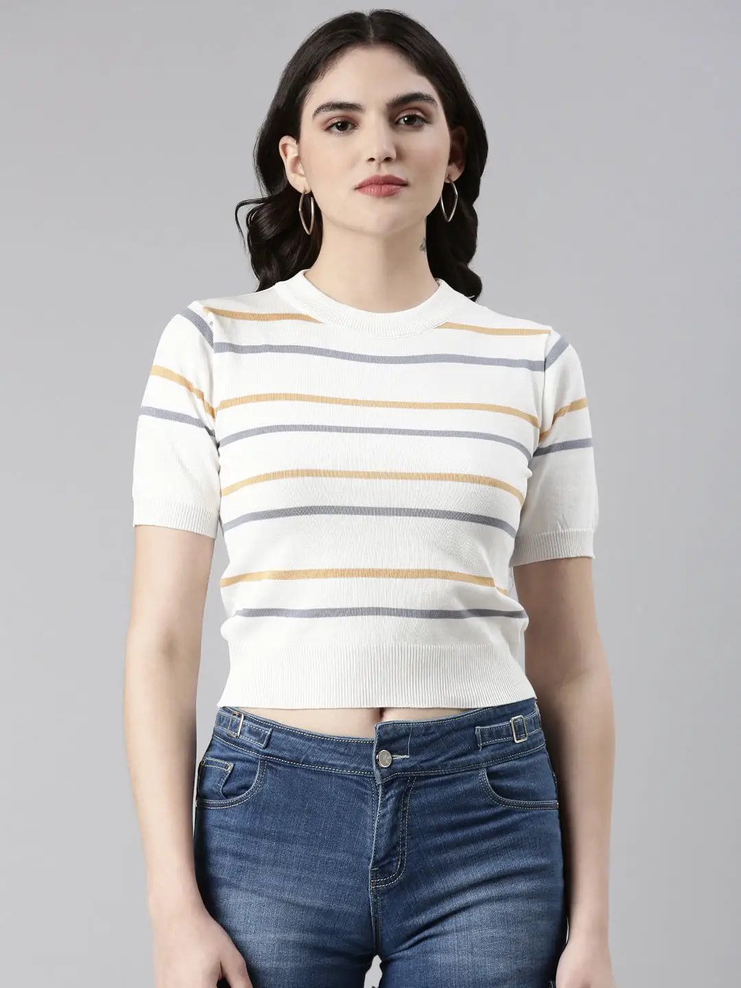 Women's Round Neck Striped White Crop Top