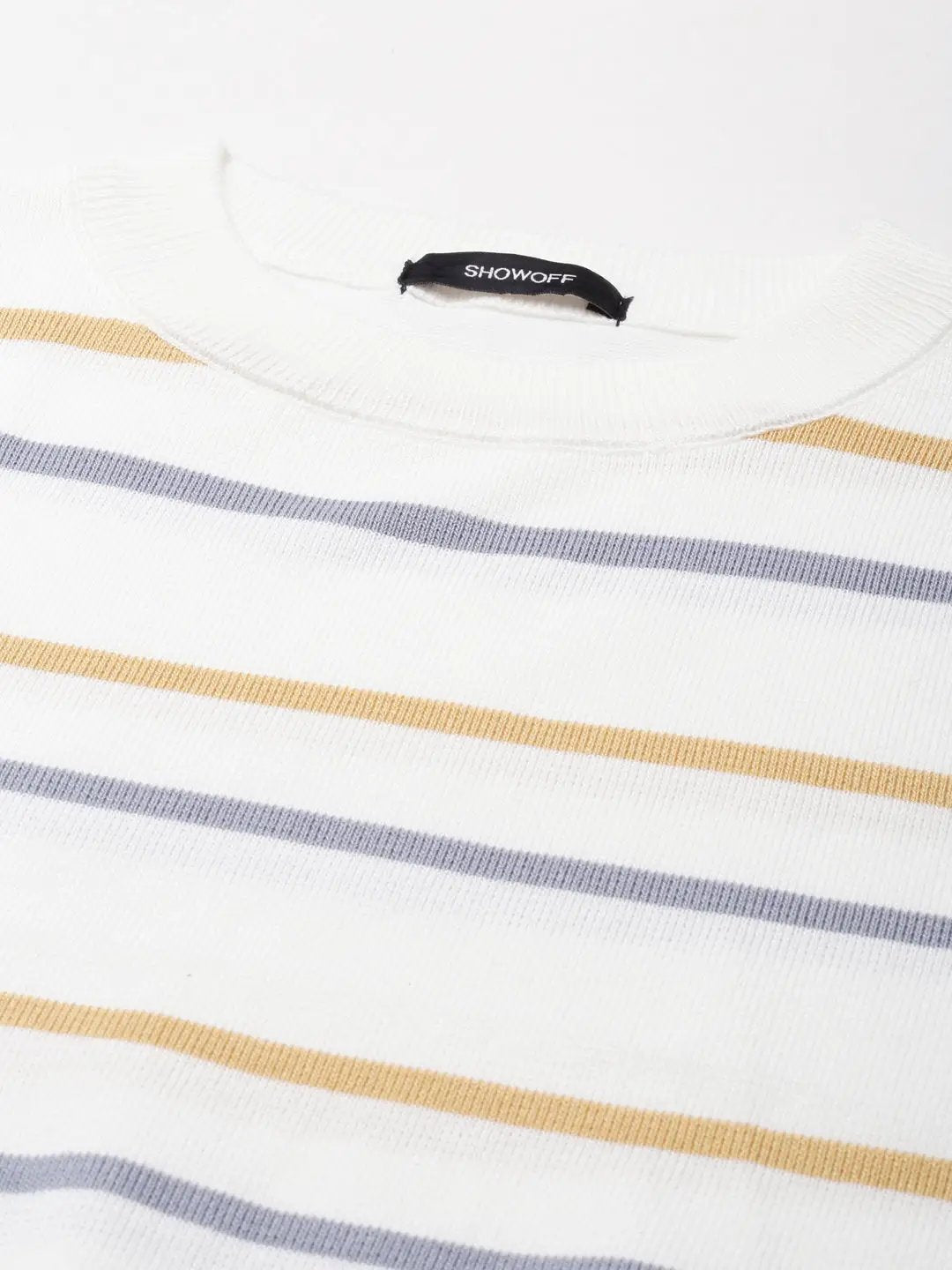 Women's Round Neck Striped White Crop Top